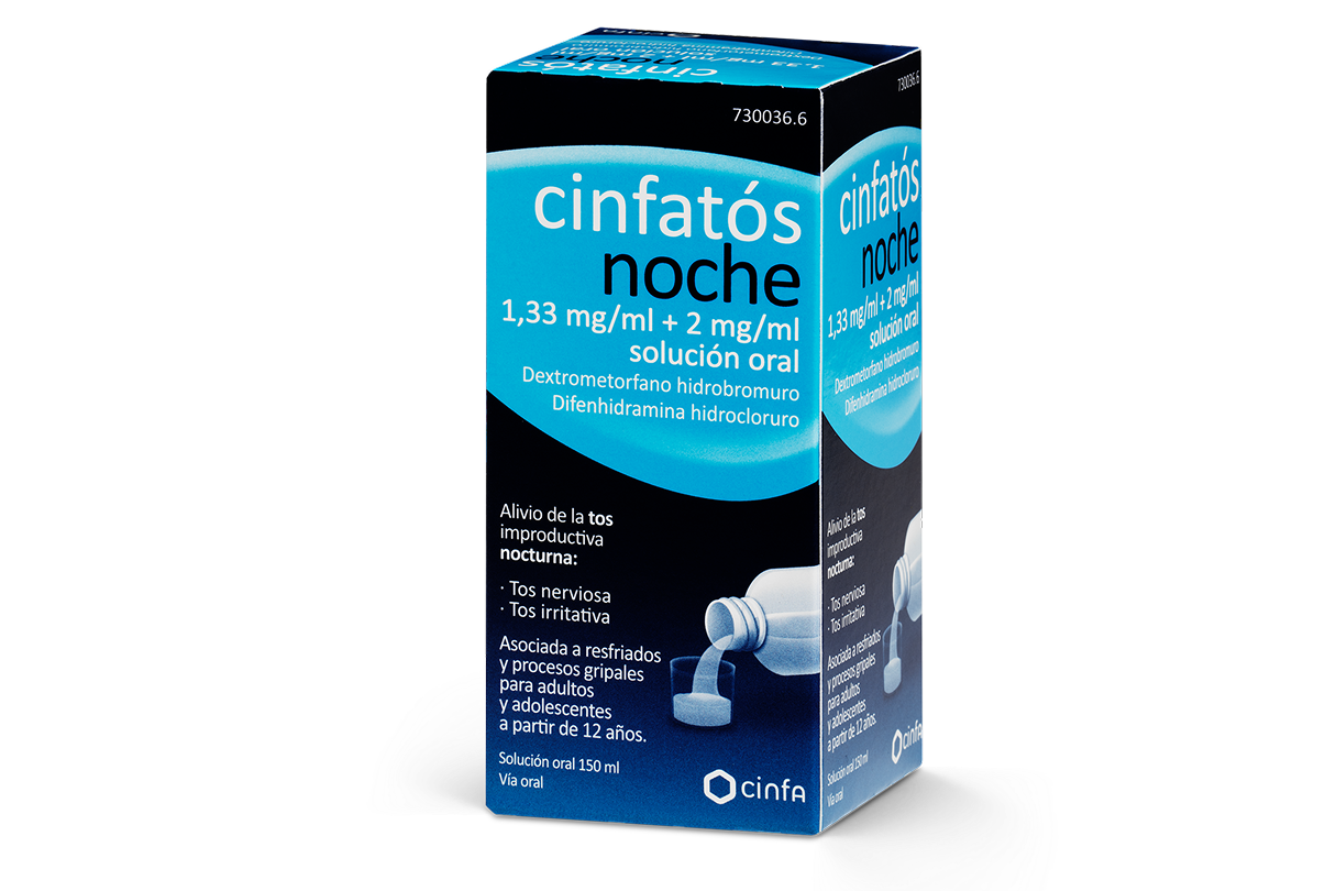 Caja producto Cinfatós noche en formato jarabe. Este producto no contiene sacarosa.