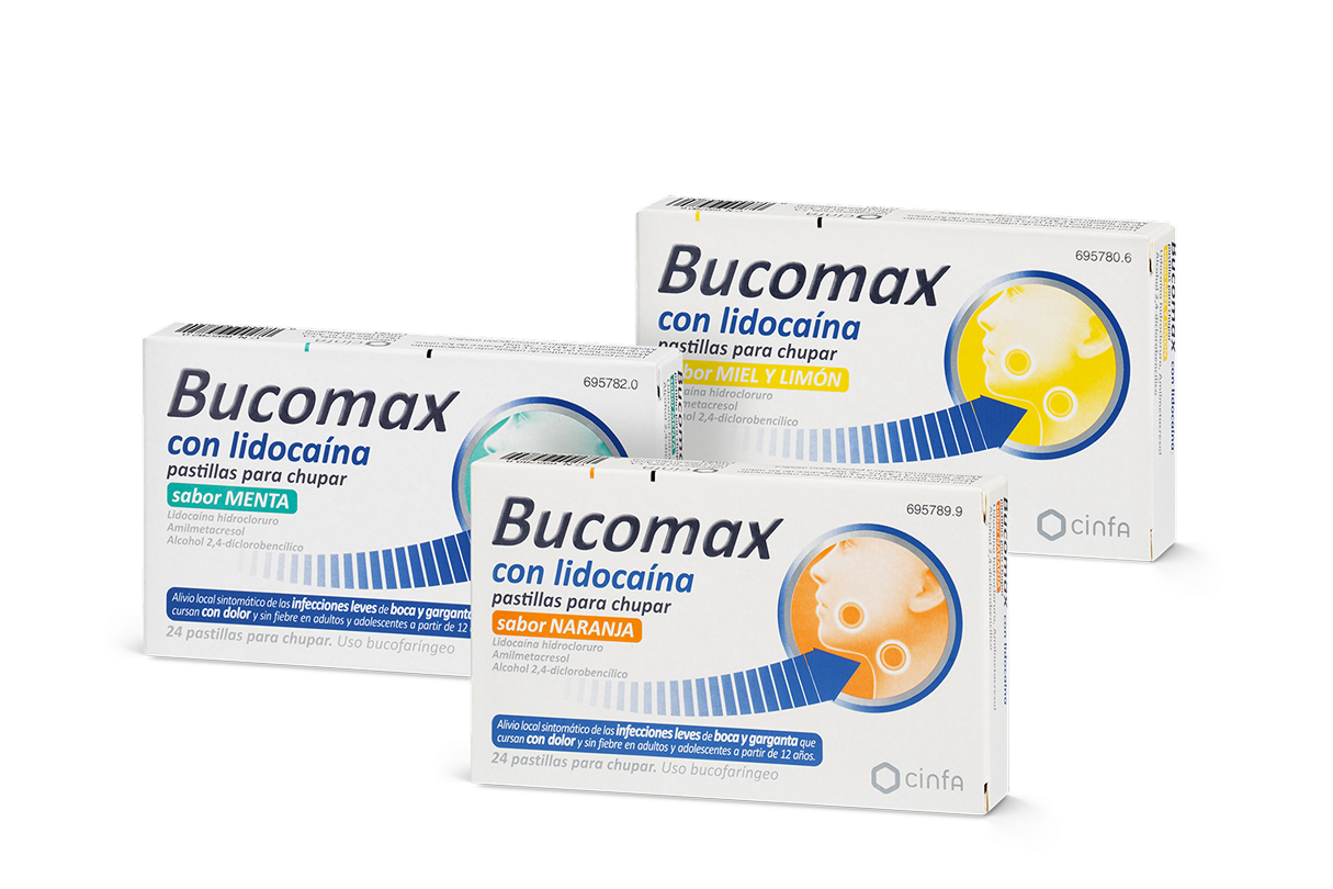 Bodegón de la marca Bucomax pastillas para chupar con sus diferentes sabores; Sabor menta, sabor naranja y sabor miel y limón. Este producto no contiene sacarosa.
