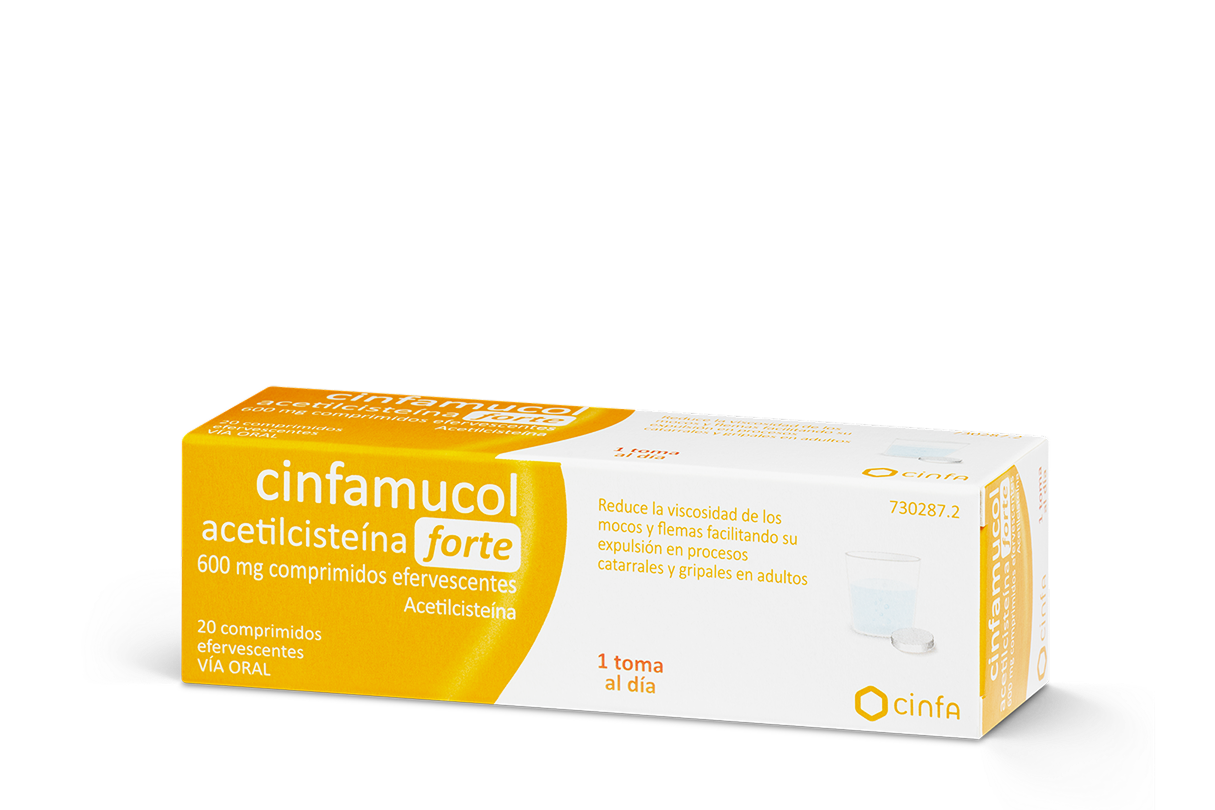 Caja producto CINFAMUCOL ACETILCISTEINA FORTE en comprimidos efervescentes