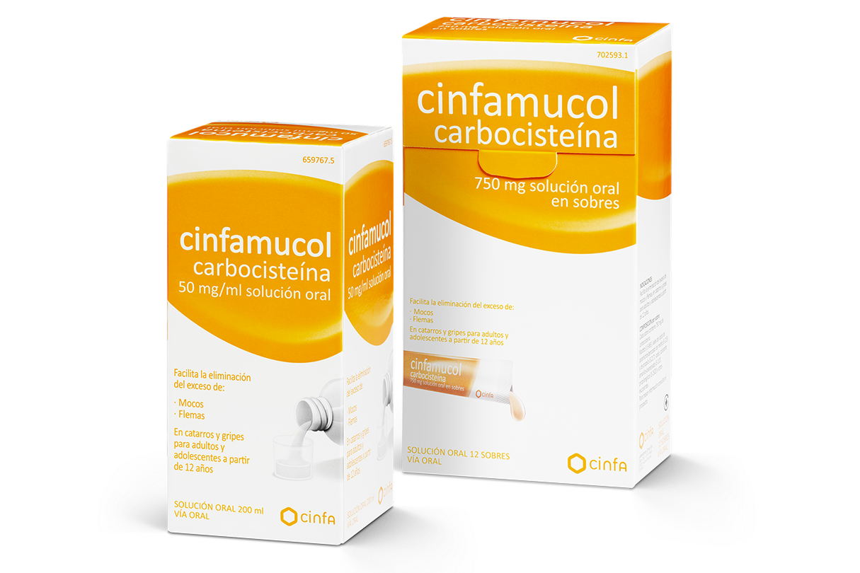 Caja producto Cinfamucol carbocisteína en sobres o en jarabe. Este producto no contiene sacarosa.