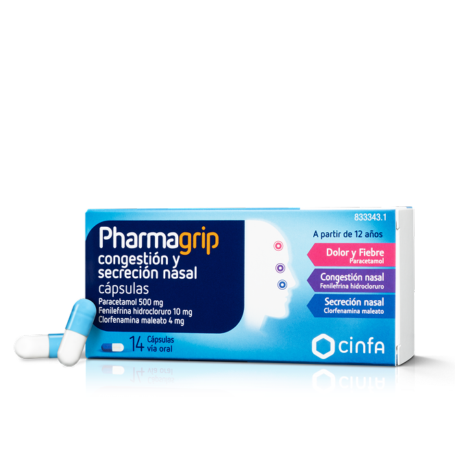 Caja producto Pharmagrip congestión y secreción nasal en cápsulas