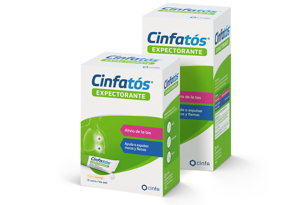 Caja prodcuto Cinfatós Expectorante en sobres sabor naranja. Este producto actúa con doble acción.